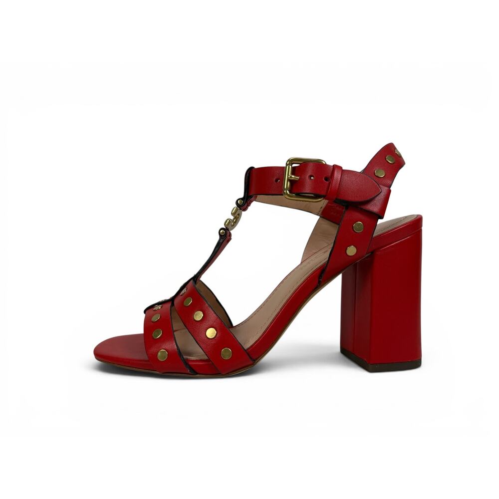 Coach Margaret Sandal Womens 6 Red Leather Studded Block Heel Ankle Strap - Picture 5 of 16